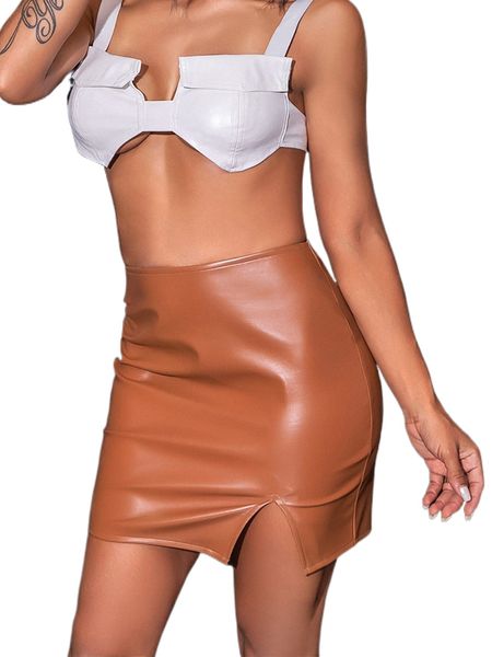 

d&m split hem pu leather skirt z2nx#, Black