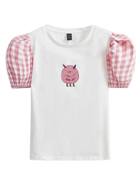 

x chobayspoda cartoon graphic gingham sleeve tee r2tb#, White