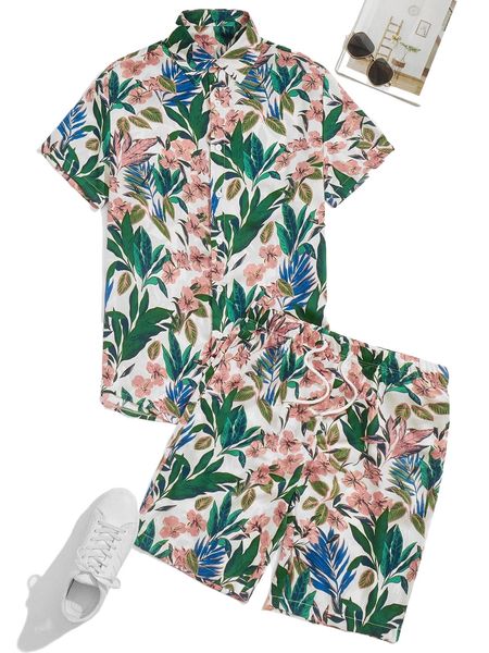 

men floral & tropical print shirt & shorts e55o#, Gray