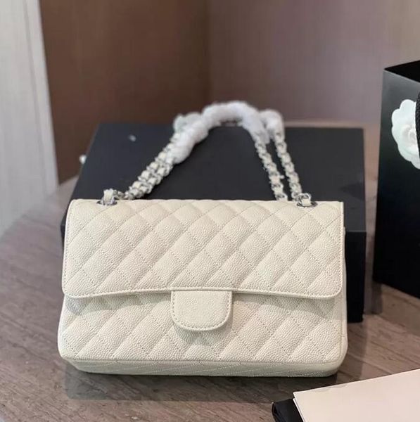 

sw 2022ssw womens classic double flap cowhide caviar leather white bags silver metal hardware matelasse chain crossbody shoulder multi poche