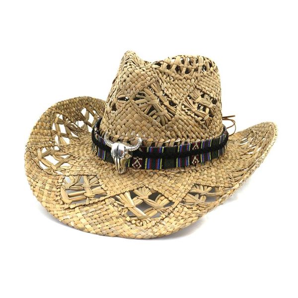 Berretti Estate Donna Uomo Western Cowboy Cappello di paglia Toro Head Band Decor Handmade Crochet Salt Grass Outdoor Wide Brim Beach Sun HatBerets Bere