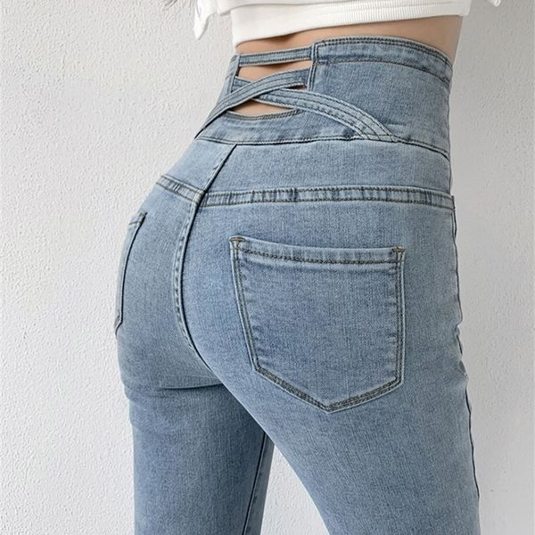 

women's jeans zoenova skinny pencil four buttons vintage high waist women slim stretch denim pants tight trousers 220901, Blue