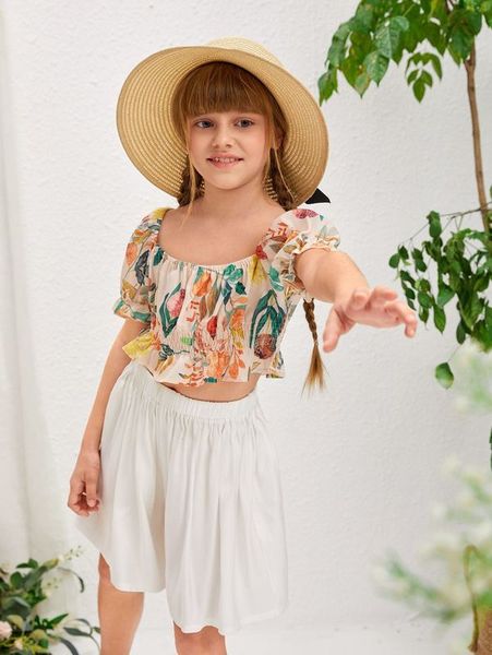 

girls ruffle trim floral print & wide leg shorts she, White