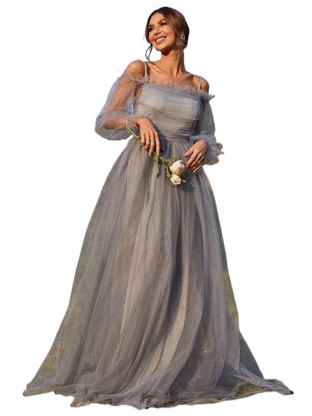 

missord cold shoulder flounce sleeve mesh formal dress p1ym#, Black;gray