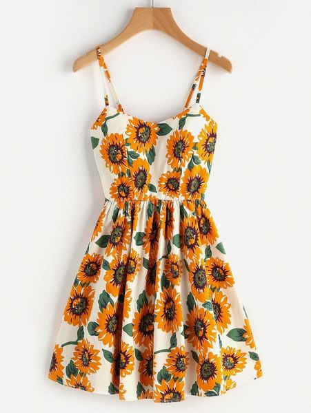 

sunflower print crisscross cami mini dress n2cb#, Black;gray