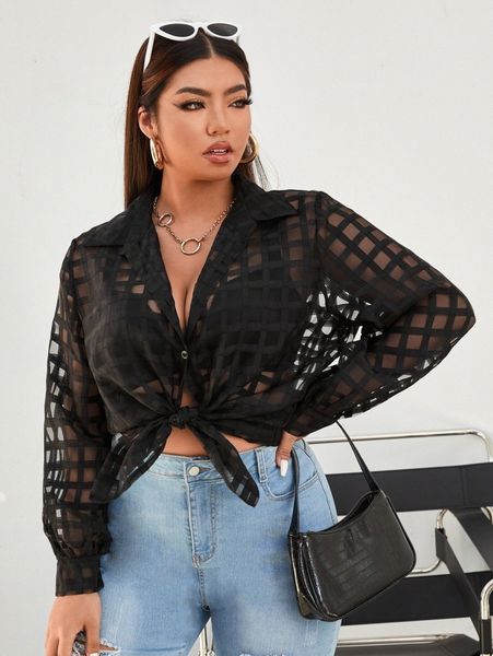 

plus grid mesh blouse without bra q9cw#, Black