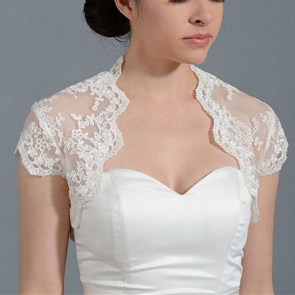 

ivory lace high neck front open bridal wraps jackets shawl bolero shrugs stole caps short sleeve women bridesmaid wedding dress, White