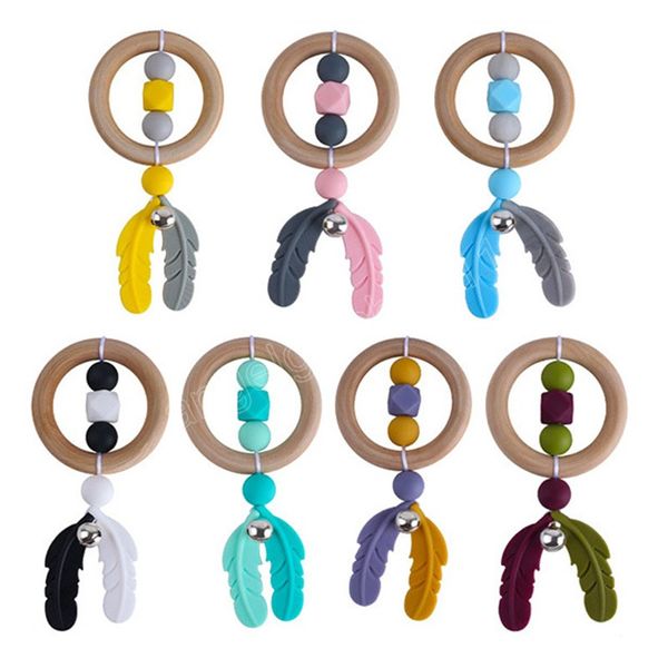 

baby teethers cartoon wooden circle hgrab rattle toy food grade silicone feather bead molar stick newborn soothers toys