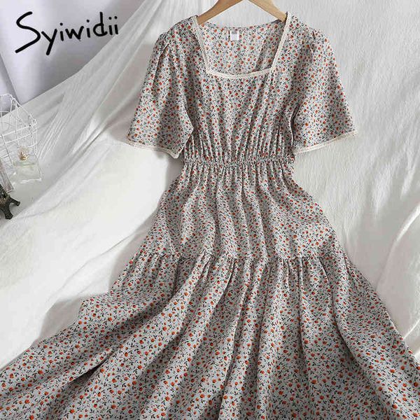 

floral print ruffles womens dresses high waist square collar puff sleeve aline summer korean fashion clothing 210415, Black;gray