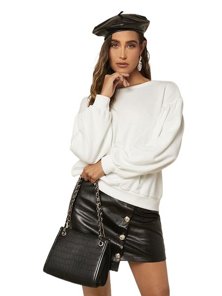 

drop shoulder solid pullover 96er#, Black