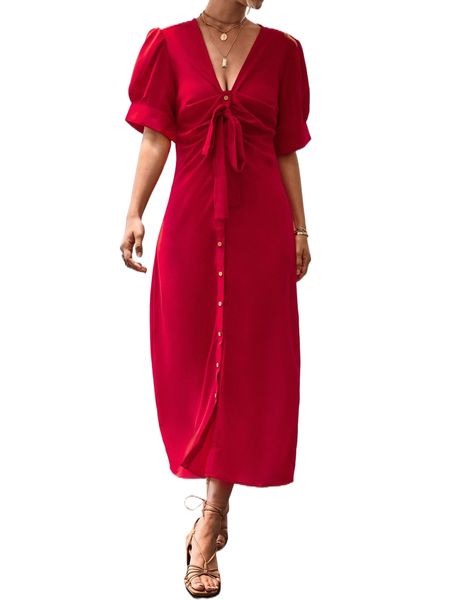 

puff sleeve knot front single breasted dress h0hd#, Black;gray