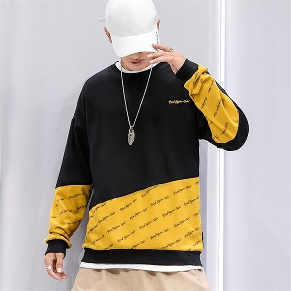 

hip hop patchwork sweatshirts men fashion letter print hoodies men streetwear o-neck sweathshirt for young men 201126, Black