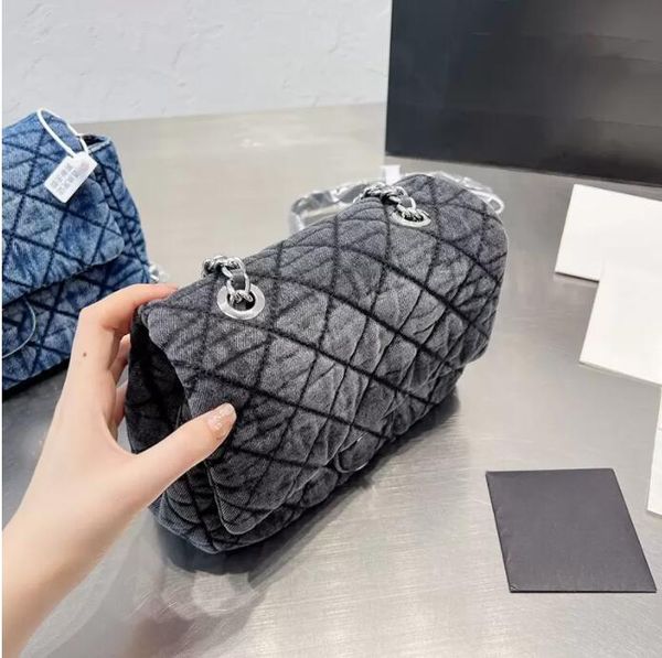 

tz women's vintage denim classic flap quilted bags silver metal hardware matelasse chain crossbody shoulder handbags turn lock luxury d