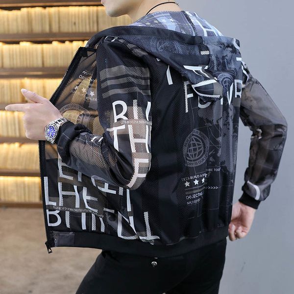 

summer thin jackets men breathable slim fit bomber jacket sun protection clothing stand collar hollow streetwear outwear coats 220727, Black;brown