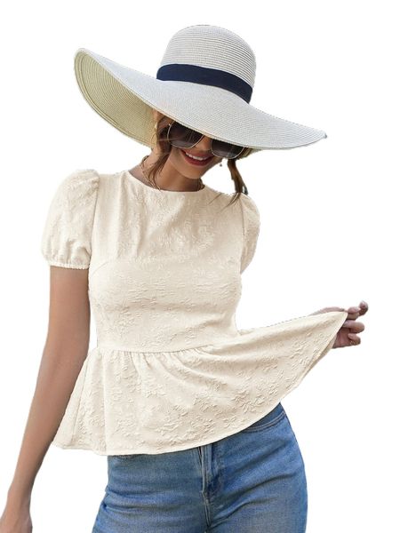 

jacquard puff sleeve tie back peplum blouse i4xz#, White