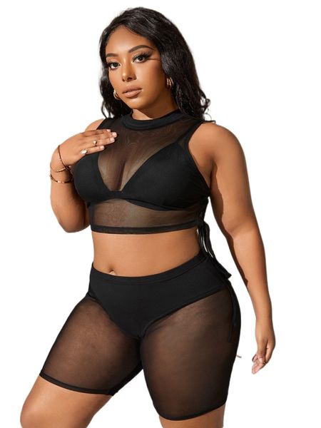 

sxy plus lace up back sheer tank & biker shorts without cami x8qq#, Black
