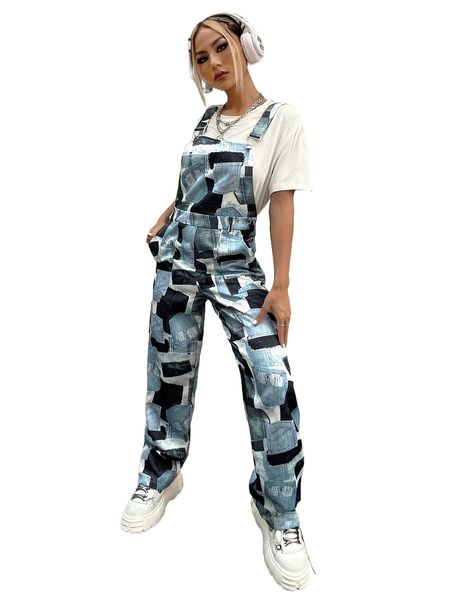 

1pc patchwork print overall jumpsuit q2ho#, Black;white