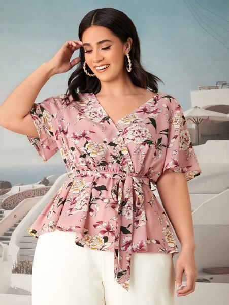 

plus floral print belted surplice neck peplum v9ws#, Black