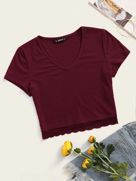 

lace hem rib-knit v56j#, White