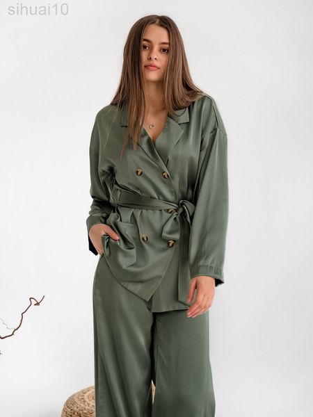 Hiloc Double Pockets Nightwear 2022 Doube Satin Satin Pajamas Женщины с полными рукавами мода Ladies Home Clothing Green L220803