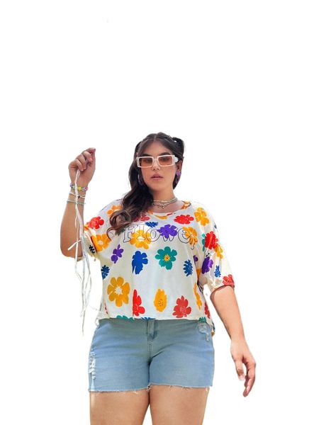 

plus floral & letter graphic drop shoulder tee w5pf#, Black