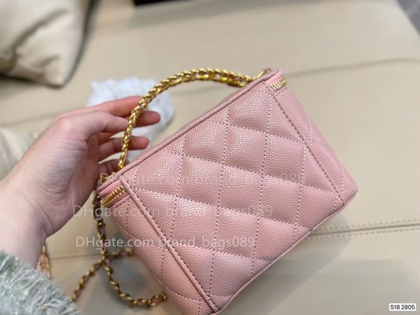 Sacos de caixa de cosméticos de grife feminina crossbody rosa caviar bolsa clássica bolsa de ombro com zíper corrente de metal dourada portátil atemporal diamante retrô adorável