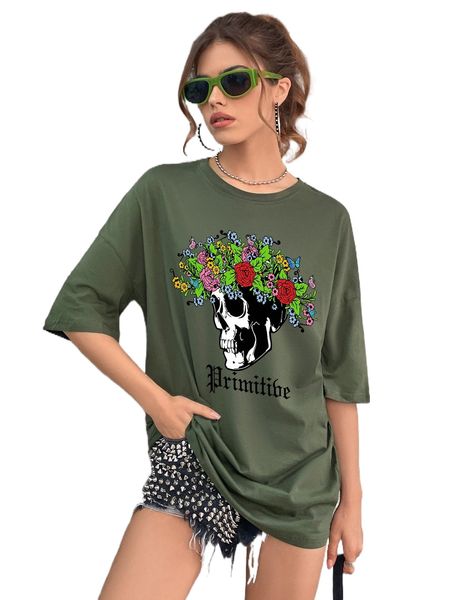 

skull and floral print drop shoulder oversized tee b1sb#, White