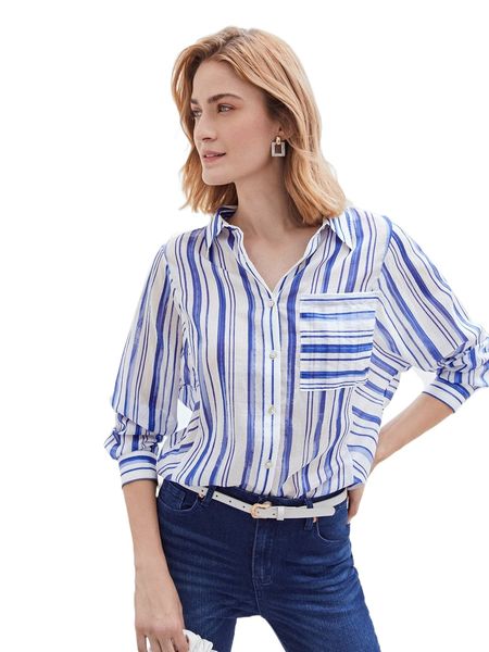 

motf premium linen striped blouse 71lb#, White