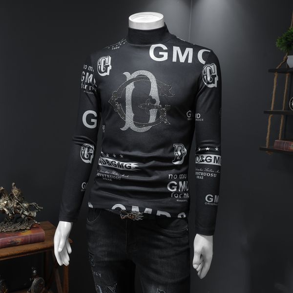 

2022 winter men's light luxury t-shirts warm trend double-sided plush turtleneck slim casual embroidered printed bottoming shirts, White;black