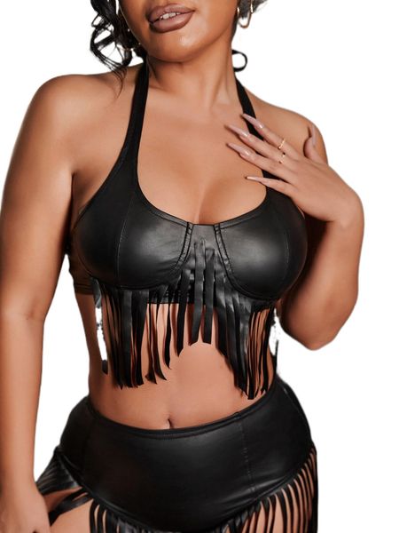 

fringe trim bustier pu leather crop halter 19lb#, White