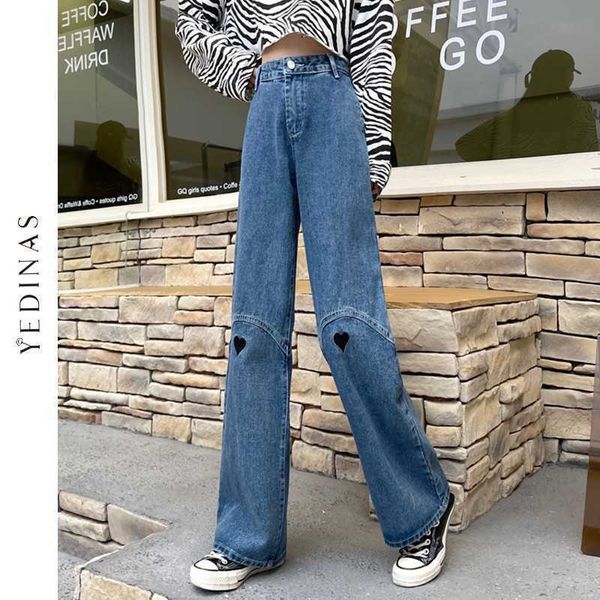 Yedinas Fashion Heart Jeans For Girls Baggy Donna Vita alta Streetwear Pantaloni in denim Pantaloni Mujer Gamba larga 210527