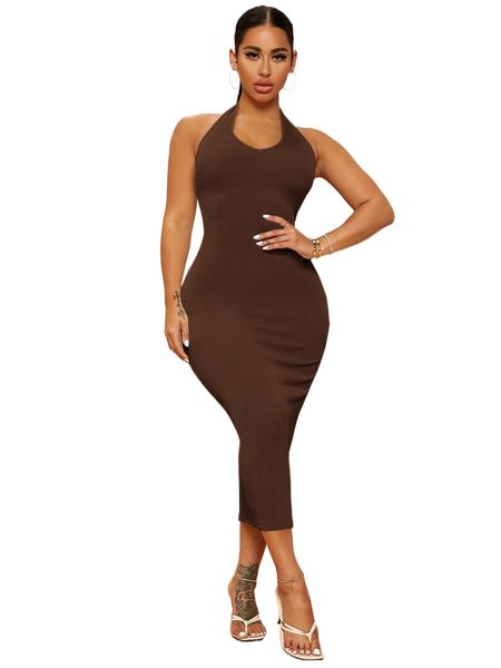 

solid backless ribbed knit halter dress n9tx#, Black;gray