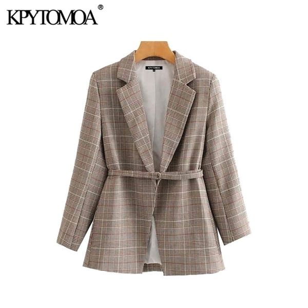 

vintage stylish office wear plaid blazer coat women fashion long sleeve with belt female outerwear chic y201026, White;black