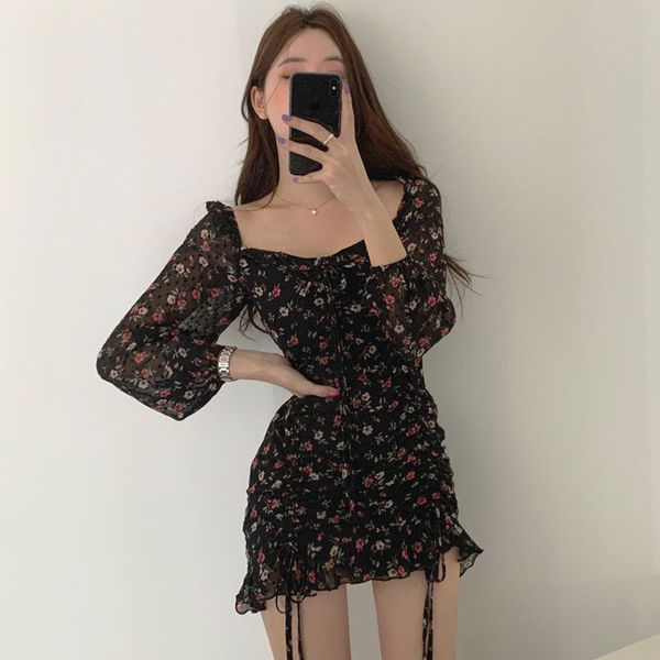 

vintage fashion chic korean sweet lace up waist drawstring floral dress for women mini square neck ruffles dress black clothing cx220510, White