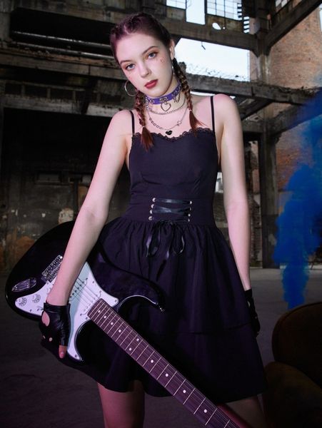 

romwe solid lace trim lace up cami dress 15yq#, Black;gray