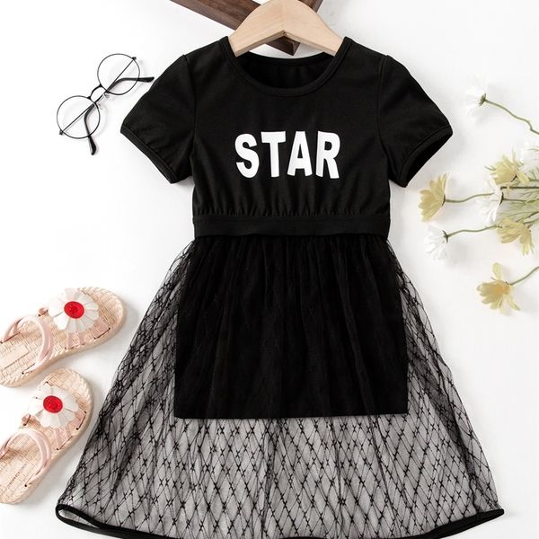 

little girl's lettered t-shirt dress and mesh elastic belt skirt she, White