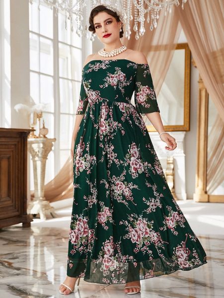

plus floral print off shoulder maxi dress c0aw#, Black