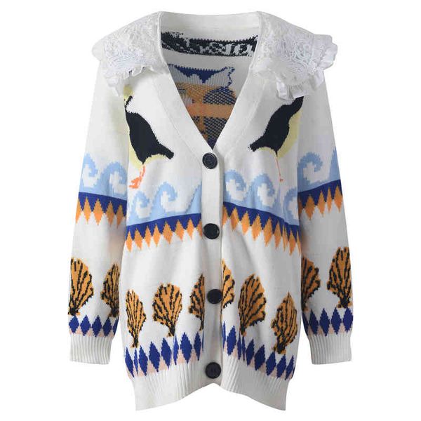 

women's knits tees cartoon v-neck loose knit sweater thin women's wear contrast color autumn and winter doll neck aging trend se7n, White