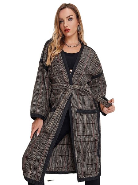 

ziai plaid print belt coat z46g#, Black