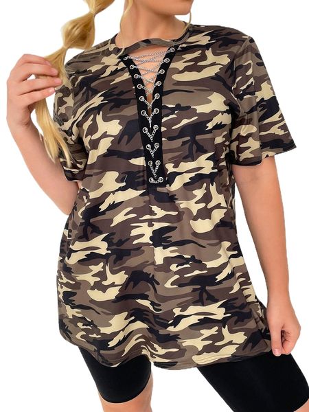 

plus camo print chain crisscross tee d6ib#, Black