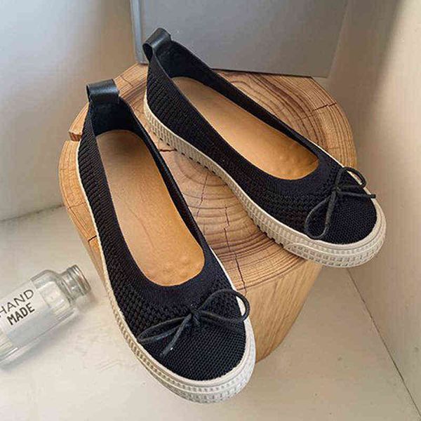 

dress shoes 2022 butterfly knot platform loafers women stretch knitted moccasin mesh shallow flats casual single driving sneakers 220512, Black