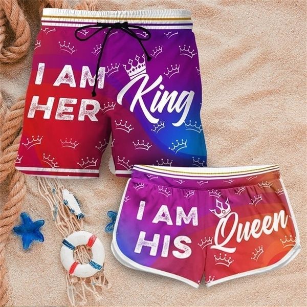

couple matching king and queen cute shorts 3d print casual sports shorts men women for couple outfit beach shorts w220617, White;black