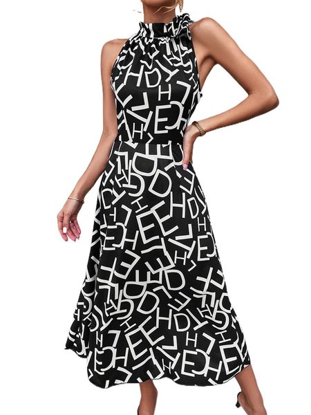 

allover letter graphic halter neck a-line dress without belt 64tl#, Black;gray