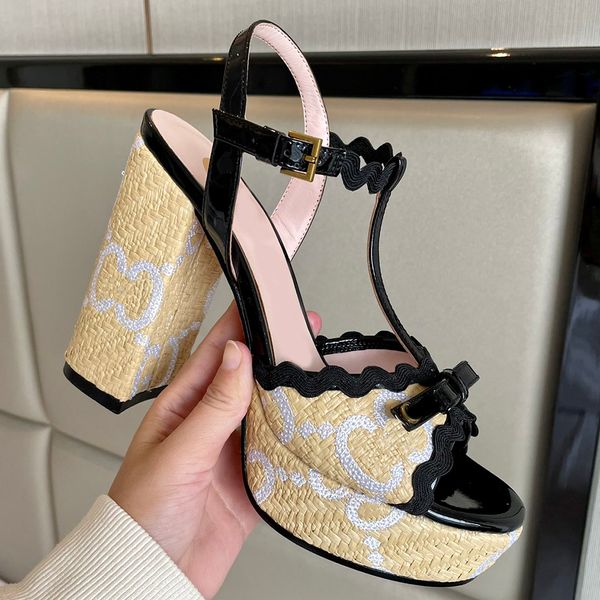 

designer sandals fashion lafite grass patent leather patchwork classic buckle chunky heel shoe 12cm high heeled front rear strap womens shoe, Black