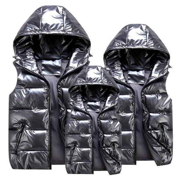 

men's vests man/woman/ child vest winter hooded glossy cotton casual waistcoat sleeveless jacket warm overcoats hat, Black;white