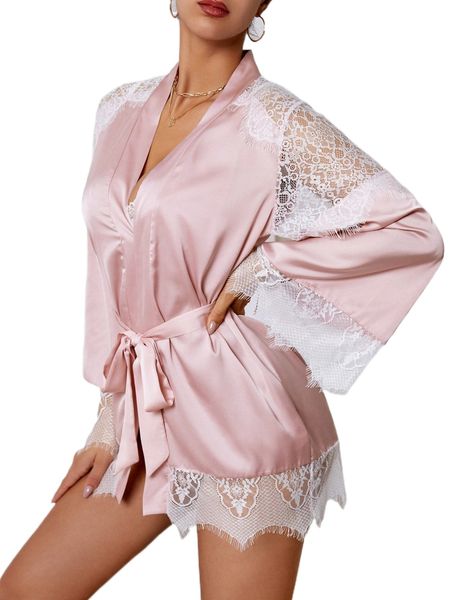 

eyelash lace panel belted satin robe without lingerie a3e5#, Black;red