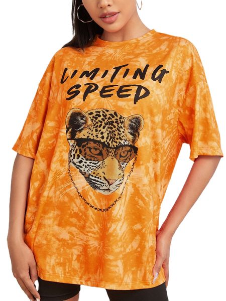 

sxy slogan & leopard print tie dye drop shoulder tee s5n4#, White