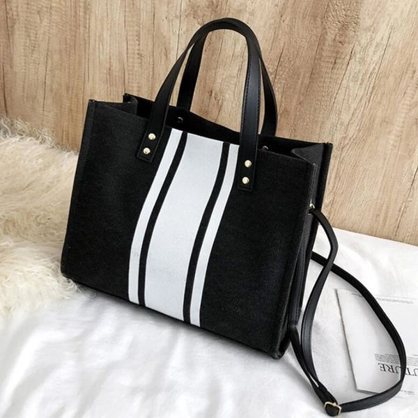 

casual canvas handbag for women fashion linen stripe lady totes large capacity shoulder bag contrast color girl handle bag