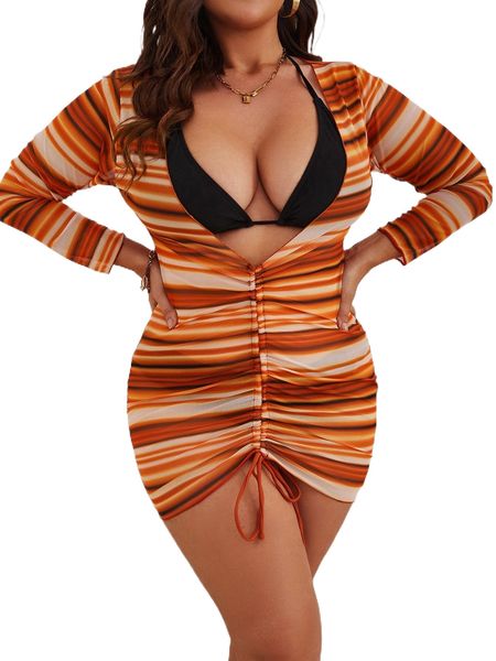 

plus striped drawstring front cover up dress without bikini i89e#, Black