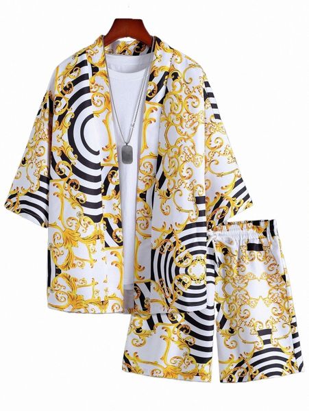

men random baroque print kimono & shorts without tee m6le#, Gray